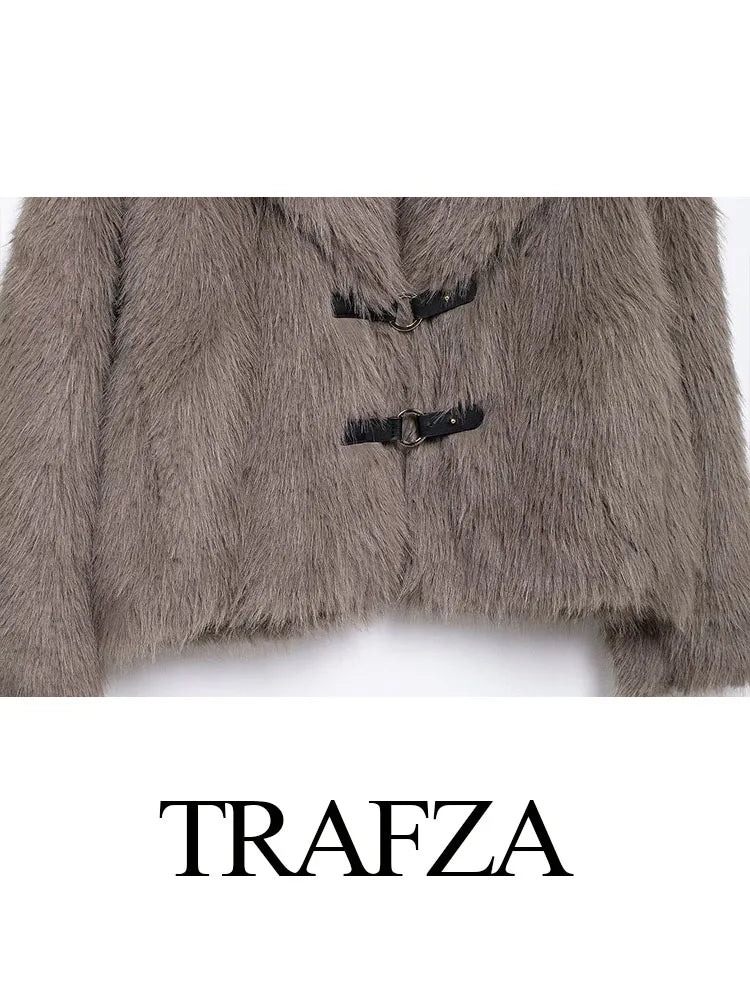 TRAFZA Frauen Elegante Faux Pelz Winter Mantel Solide Drehen Unten Kragen Mit Langen Ärmeln Dicke Mäntel Frau Lange Hülse Lose Warme Jacke