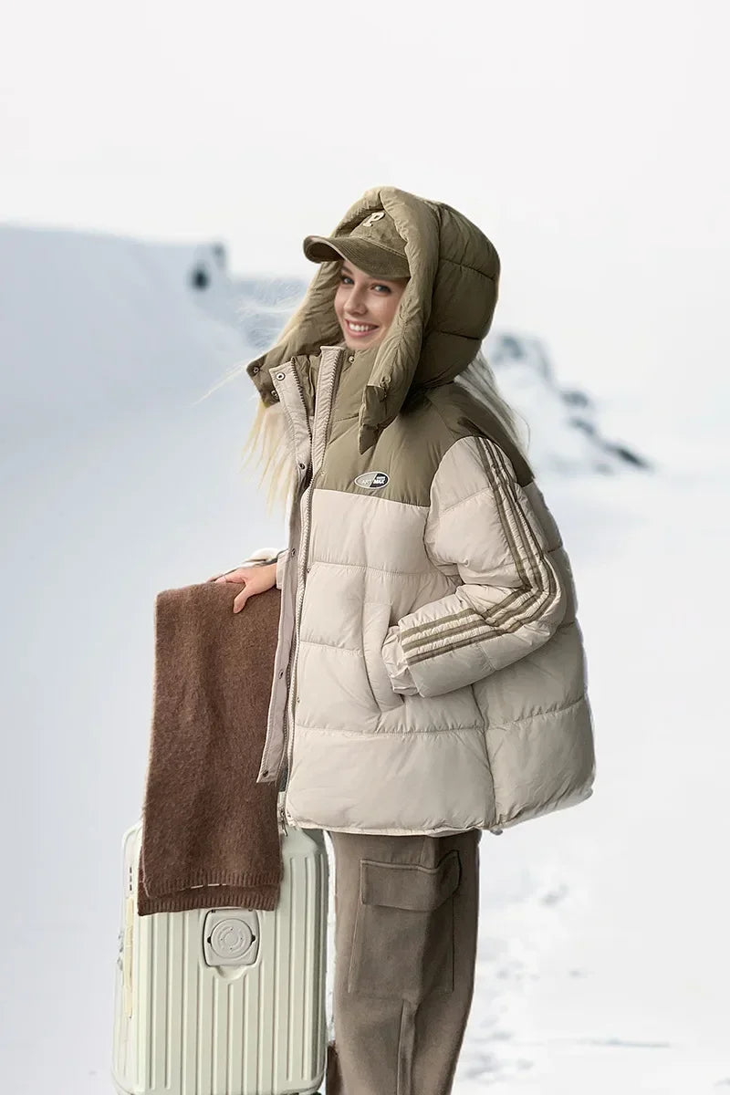 2024 neue Winter Damen jacke Kontrast lässig Kapuze Daunen Baumwoll jacke weiblich verdicken warme lose Puffer gepolsterte Parkas Mäntel