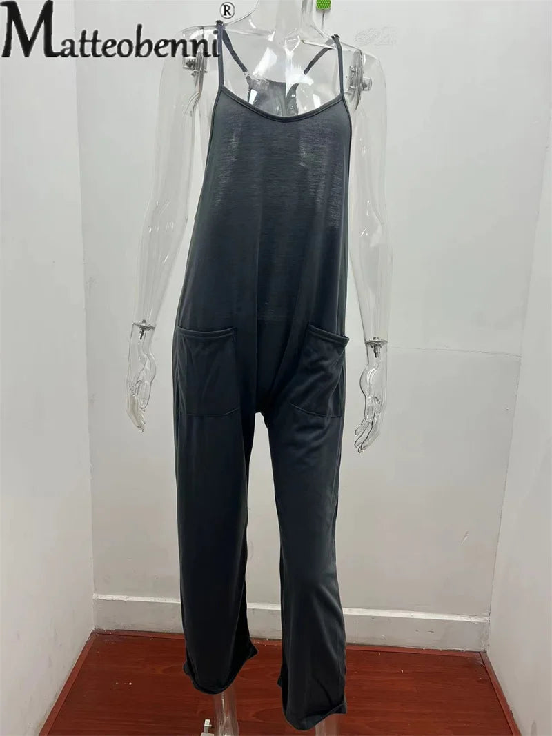 Sommer frauen Schlinge Overall Einfarbig Casual Spleißen Tasche Ein Stück Outfits Weibliche Neue Lose Bodysuit Gerade Lange Hosen