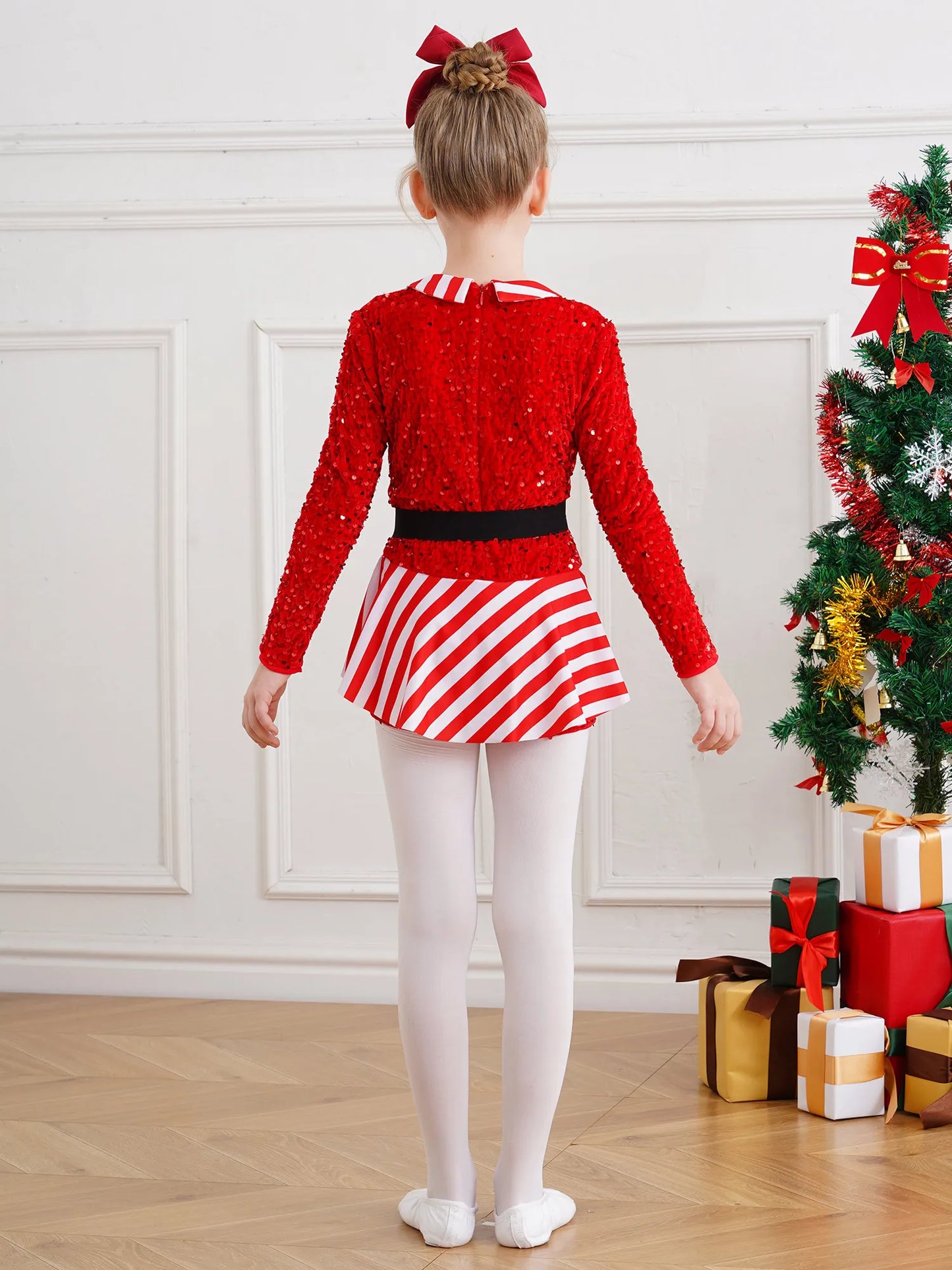 Mädchen Pailletten Samt gestreift Santa Claus Langarm Weihnachten Tanz Skating Bodysuit Overall Weihnachts ferien Zuckers tange Kostüm