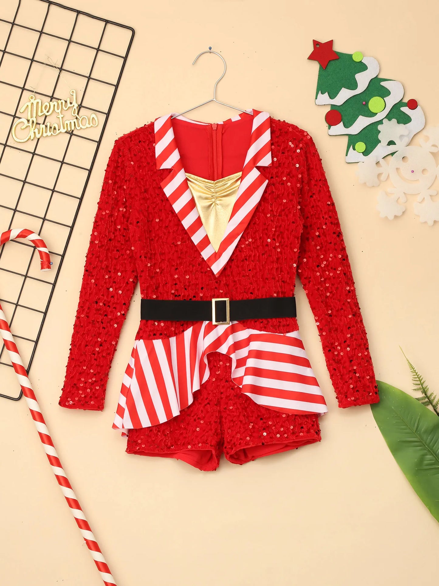 Mädchen Pailletten Samt gestreift Santa Claus Langarm Weihnachten Tanz Skating Bodysuit Overall Weihnachts ferien Zuckers tange Kostüm