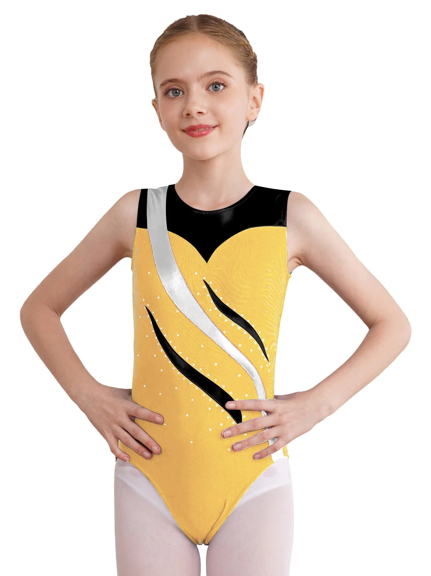 Kinder Mädchen Gymnastik Trikots ein Stück Farb block Metallic Ballett Tanz sportlichen Bodysuit Unitard Team Wettbewerb Dance wear