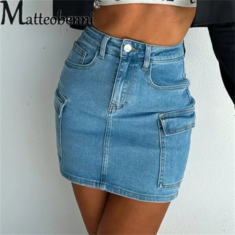 Sexy Knopf Spleißen Tasche Jeans rock weiblich Modetrend Straße lässig Halbkörper Kleid Arbeits kleidung Stil Damen bekleidung