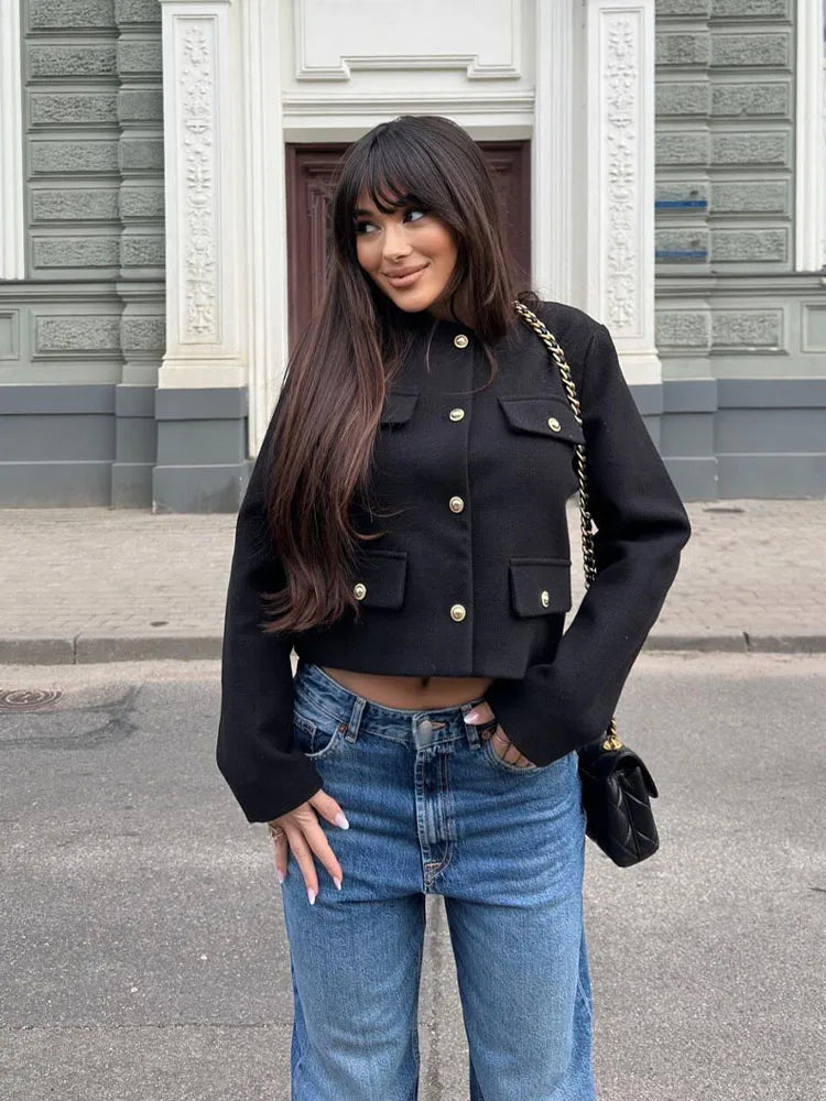 Trafza Frauen Mode Herbst Winter Einreiher strukturierte Rundhals ausschnitt Flip Pocket kurze Jacke Mantel schicke Damen Tops Mujer