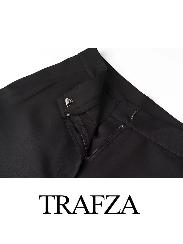 Trafza Sommer Frauen hose 2-Farben-Taschen Reiß verschluss Knopf gerade Bein Hose schick elegant formalen Stil Frauen weites Bein lange Hose