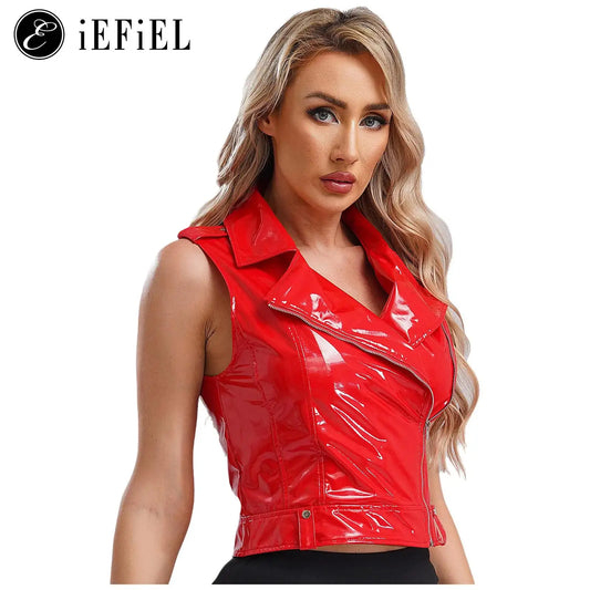 Frauen Wetlook Leder ärmellose Tank Top Seite Reiß verschluss Kragen Crop Shirts sexy Leibchen Weste für Club Party Festival schwärmt Clubw