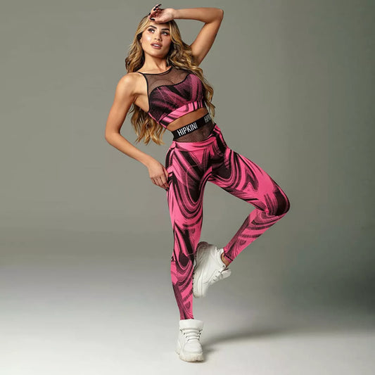 Oshoplive Female Sportswear Two Pieces Set Sports Red Printed Patchwork Mesh Tanks&Leggings Gym Yoga Suits For Women 2023 New