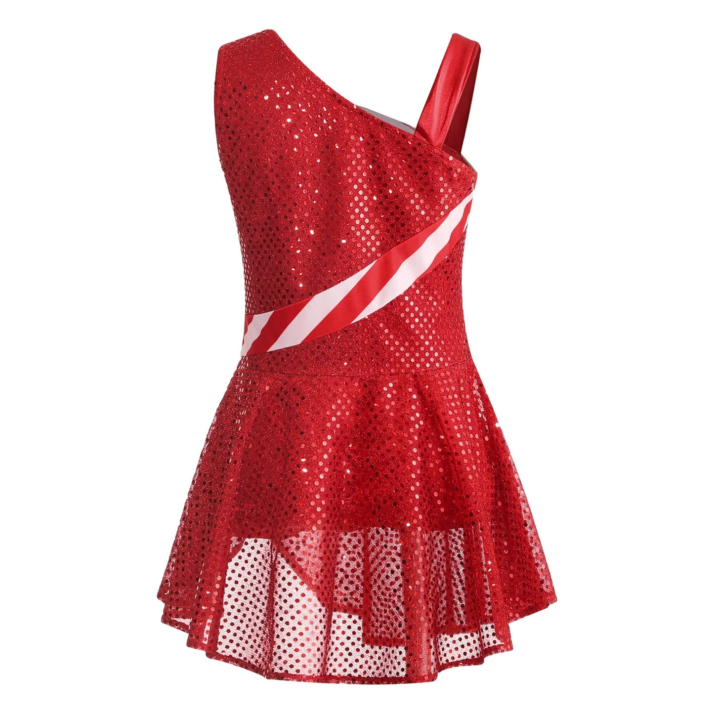 Kids Girls Shiny Sequins Christmas Dance Dresses Xmas Santa Claus Candy Cane Costume Figure Ice Skating Performance Dress