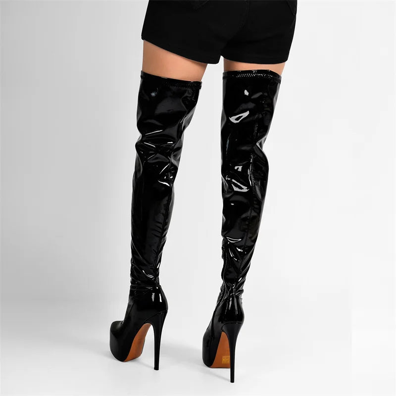 Only maker Frauen schwarz über dem Knie Stiefel Lack leder dünne High Heel Reiß verschluss weibliche Winter sexy Lady Stiefel