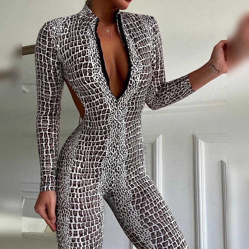 Oshoplive 2023 New Women Fashion Sexy Snakeskin Printed Backless Zipper Jumpsuits Spring Autumn Long Sleeves Bodysuits Clubwear