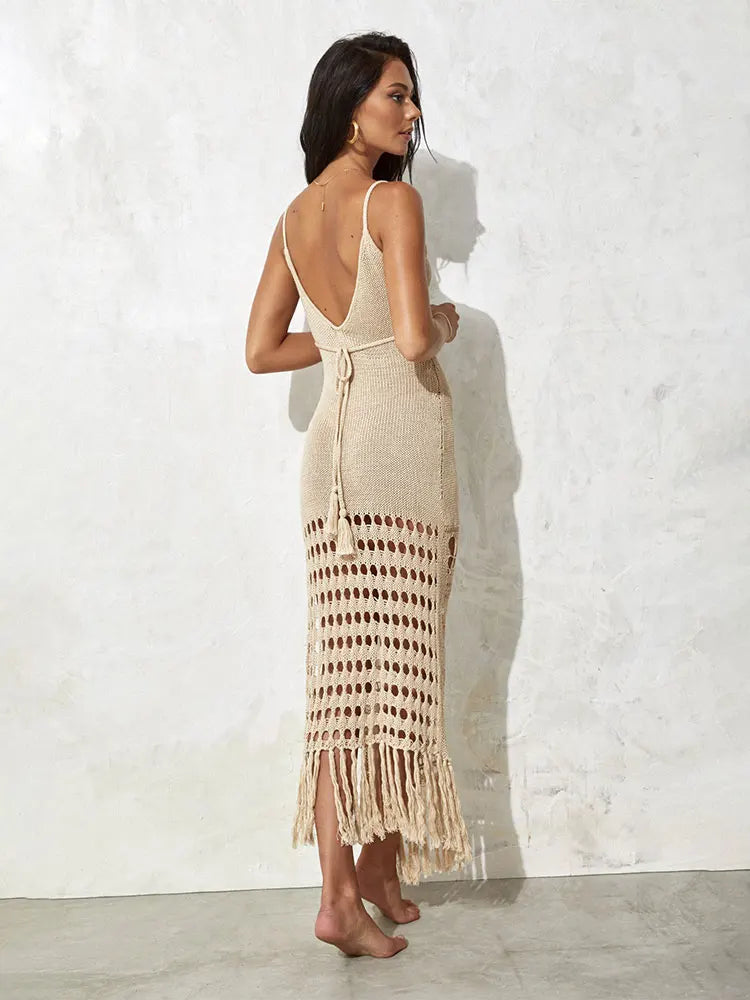 Sexy Strap V-neck White Crochet Hollow Out Lace-up Fringed Tunic Swimsuit Cover-ups Summer Mesh Strappy Beach Slip Dress A2312