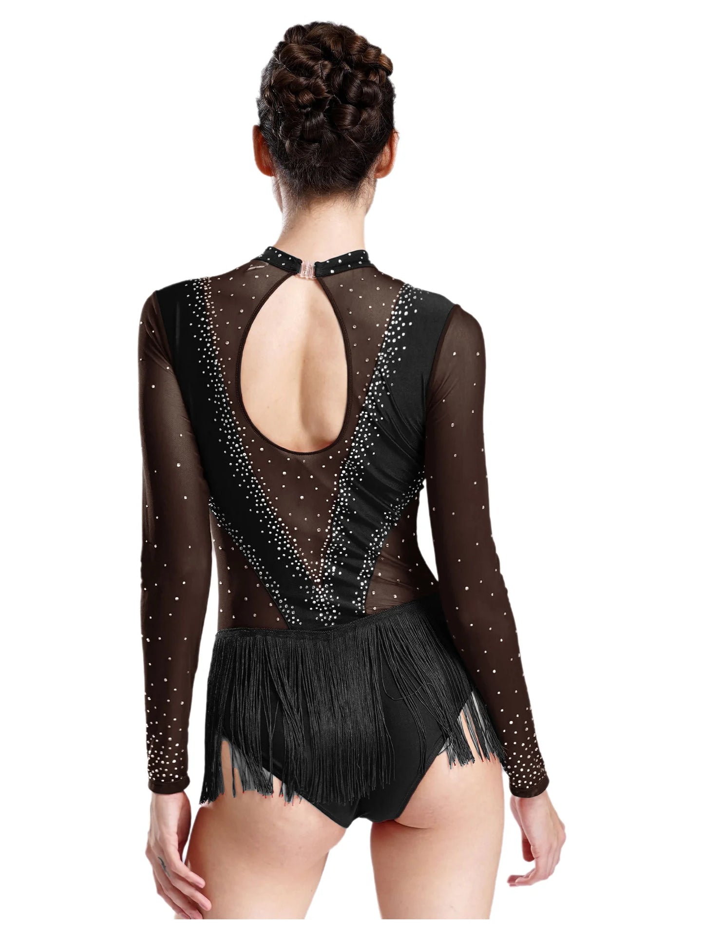 Damen glänzende Strass Figur Eislaufen Wettbewerb Kostüm Ballett Tanz Gymnastik Trikot Quaste Bodysuit Dance wear