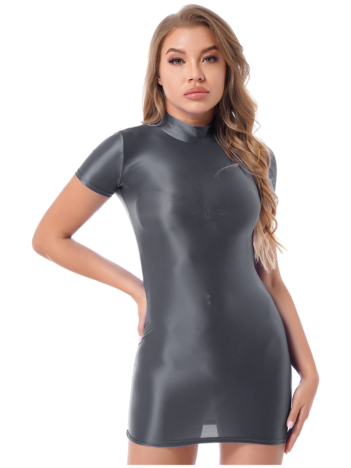 Womens Shiny Glänzend Kurzarm Mock Neck Mini Bleistift Kleid Sexy Nacht Heraus Club Party Bodycon Clubwear Kostüm