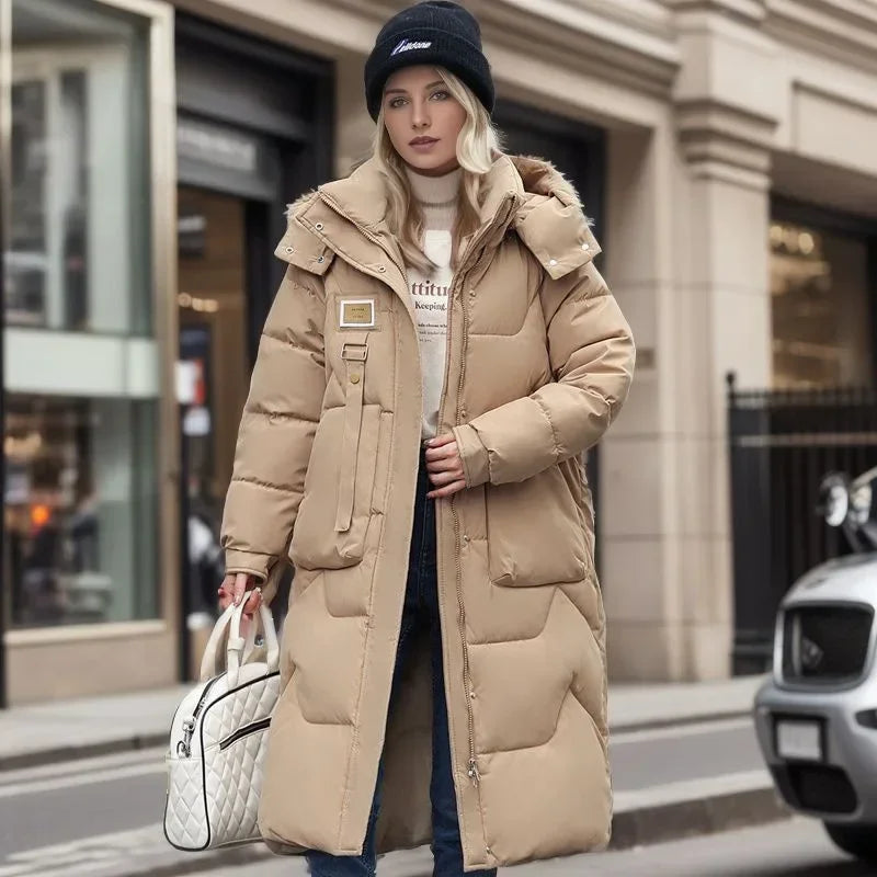 2024 Winter Parka Woman Long Jacket Hooded Thicken Loose Zipper Pockets Warm Snow Wear New Casual Female Down Cotton Padded Coat