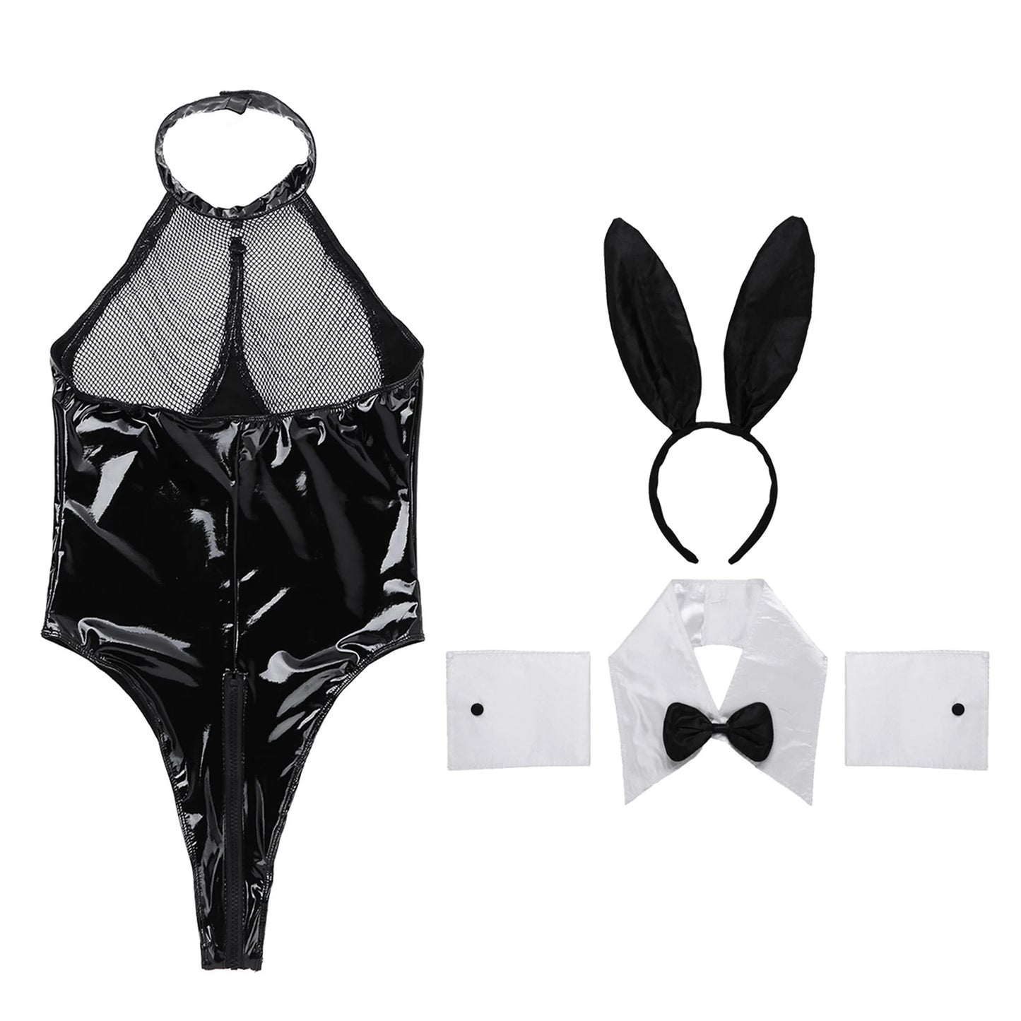 Sexy Bunny Girl Cosplay Costumes Women Patent Leather Halter Bodysuit Rabbit Ears Kawaii Couple Roleplay Rabbit Uniform