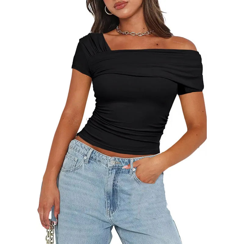 BIIKPIIK One-shoulder Shirring Short Sleeve T-shirt for Women Casual Backless Concise Tees All-match Solid Crop Top Basic Outfit