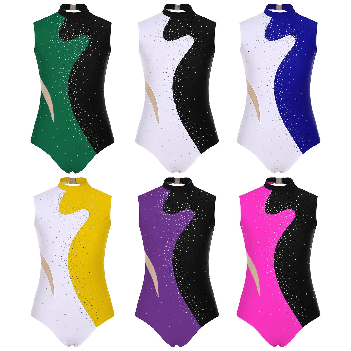 Damen-Trikot mit glitzernden Strasssteinen, ärmellos, für Ballett, Tanz, Gymnastik, Body, Eiskunstlauf, Wettbewerb, Kostüm, Tanzbekleidung