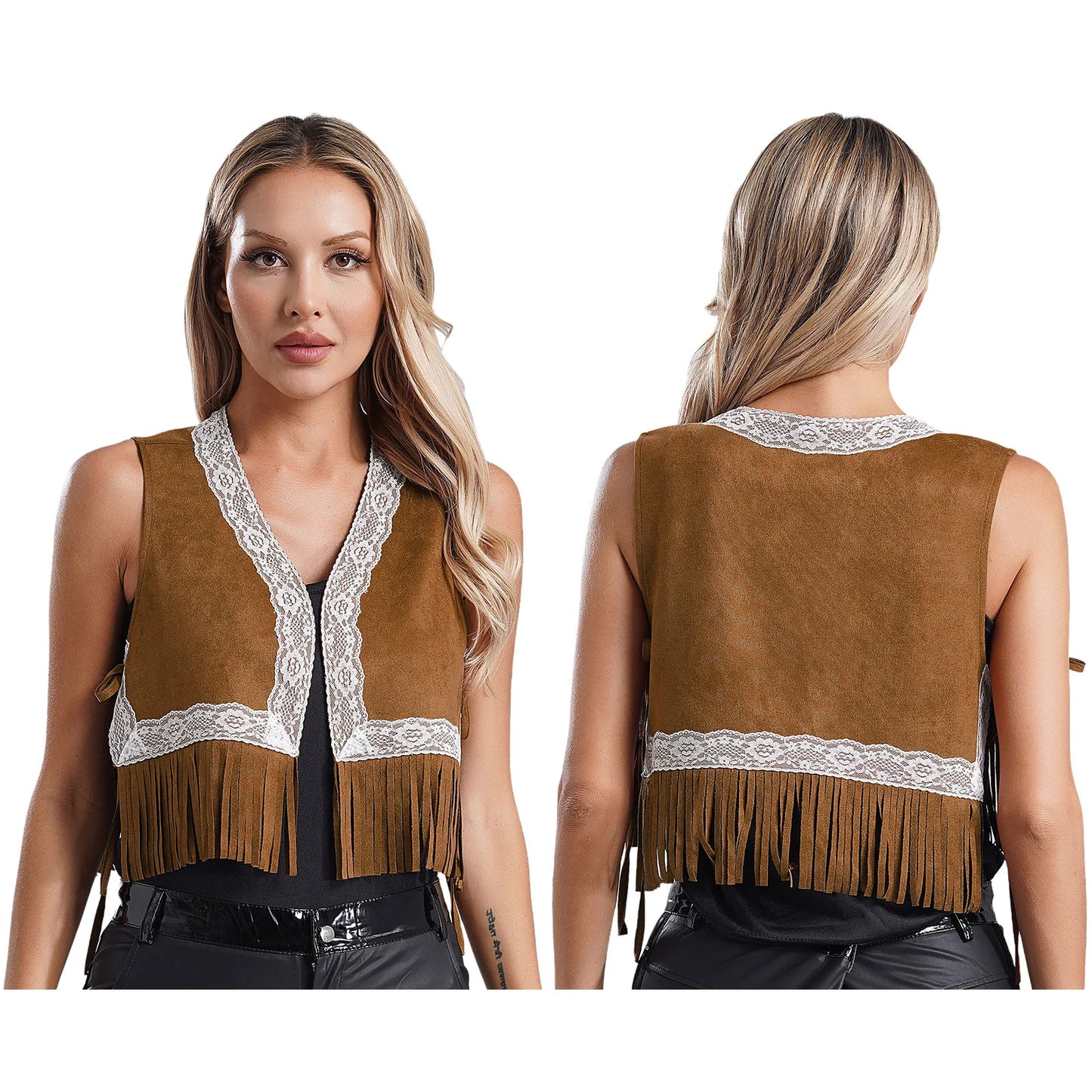 Damen Western Cowgirl ärmellose Spitzen besatz Fransen Quaste Weste Weste 70er Jahre Hippie Mantel Jacke Strickjacke Halloween Kostüm