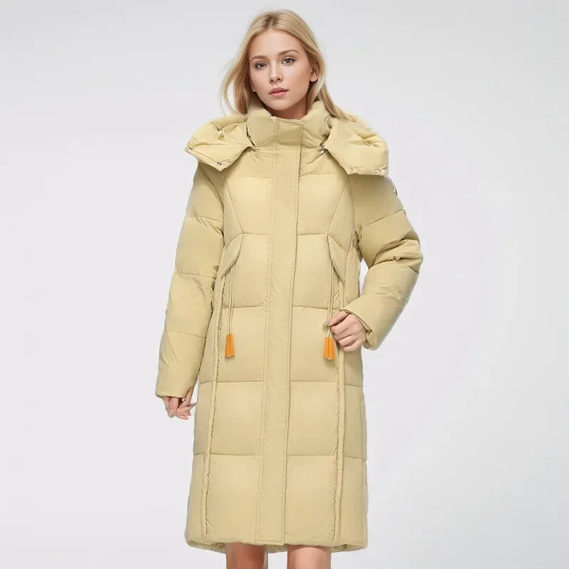 2024 neue Winter Daunen Baumwoll jacke Frauen langen Mantel Kapuze große Taschen Mode warme dicke Reiß verschluss Mantel weibliche Schnee mantel Parkas