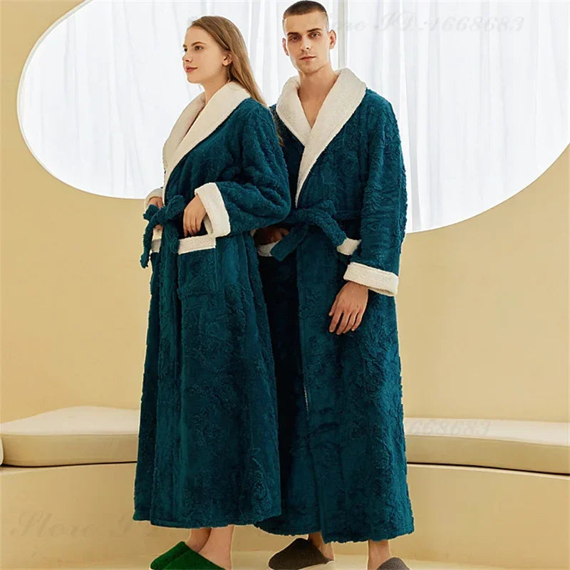 Luxus Dicke Paar Nachtwäsche Herbst Winter Flanell Robe Kimono Bademantel Kleid Hause Kleidung Lose Beiläufige Korallen Fleece Lounge Tragen