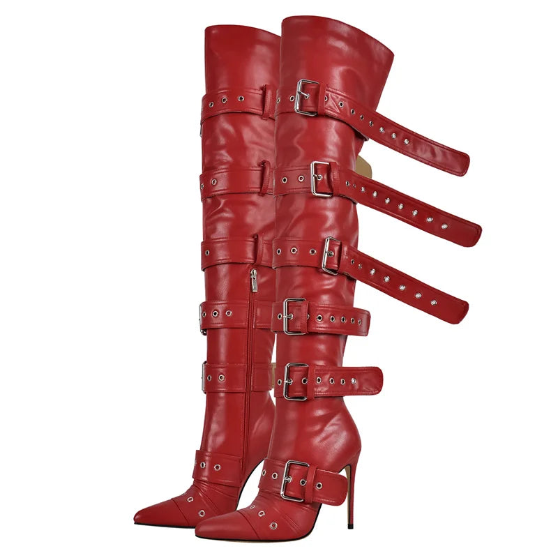 Only maker Frauen Schnalle Riemen über dem Knie Stiefel dünne High Heel Lady Reiß verschluss weibliche Oberschenkel hohe spitze Zehen Stiletto Stiefel