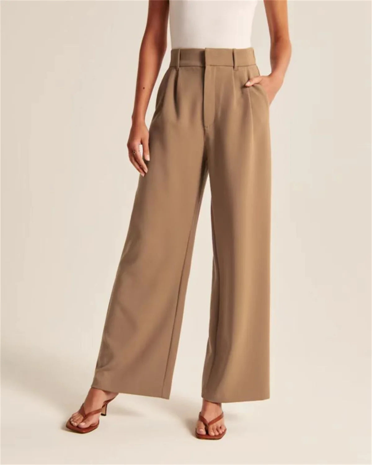 Hoch taillierte Hose mit weitem Bein Frauen neue 2024 Taschen hose lässig solide Basic Mode elegante gerade Hose Büro die ganze Saison