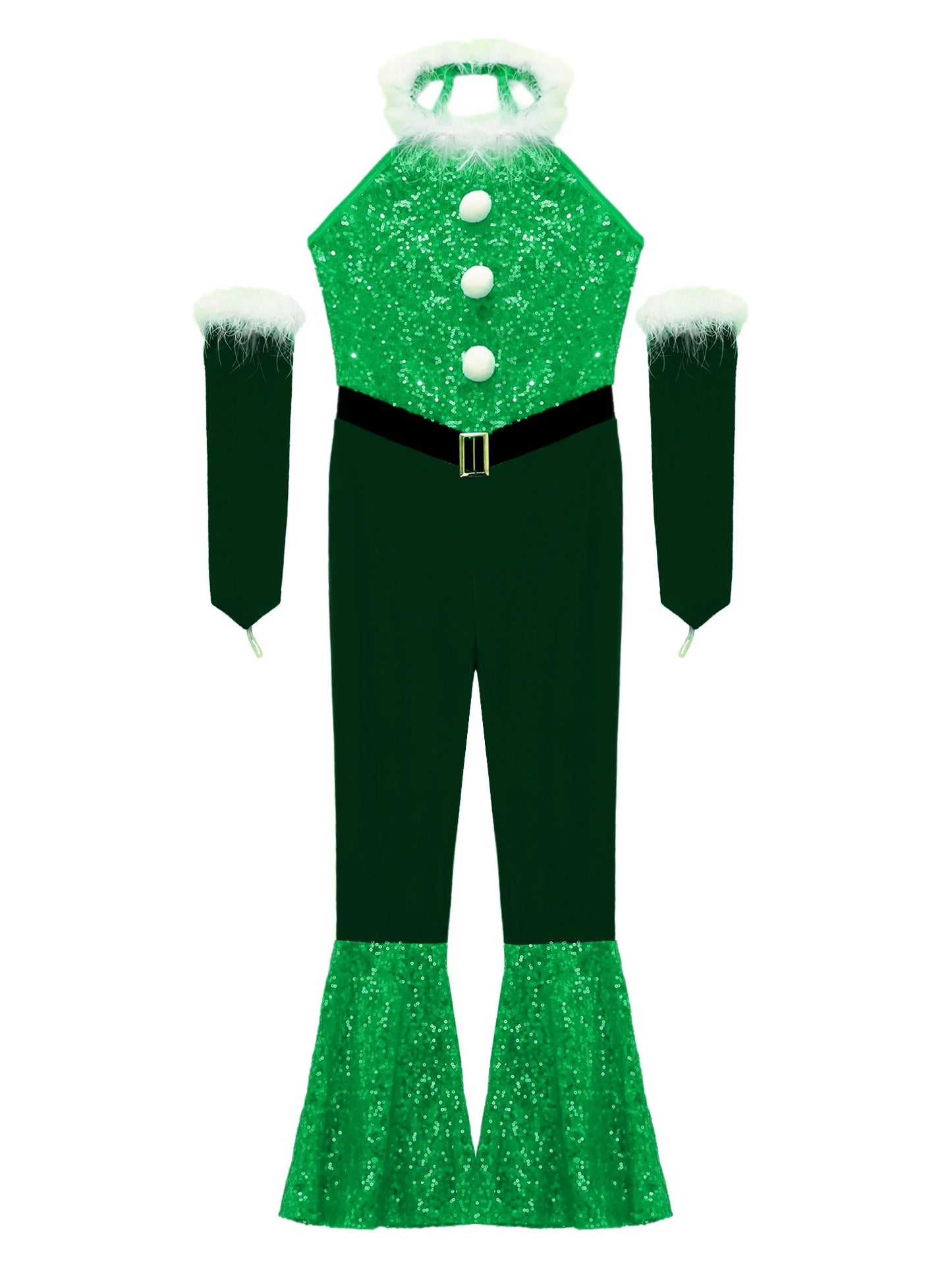 Girls Christmas Costume Santa Claus Velvet Sequins Bell Bottoms Jumpsuit with Arm Sleeve Merry Xmas Holiday Festive Outfits