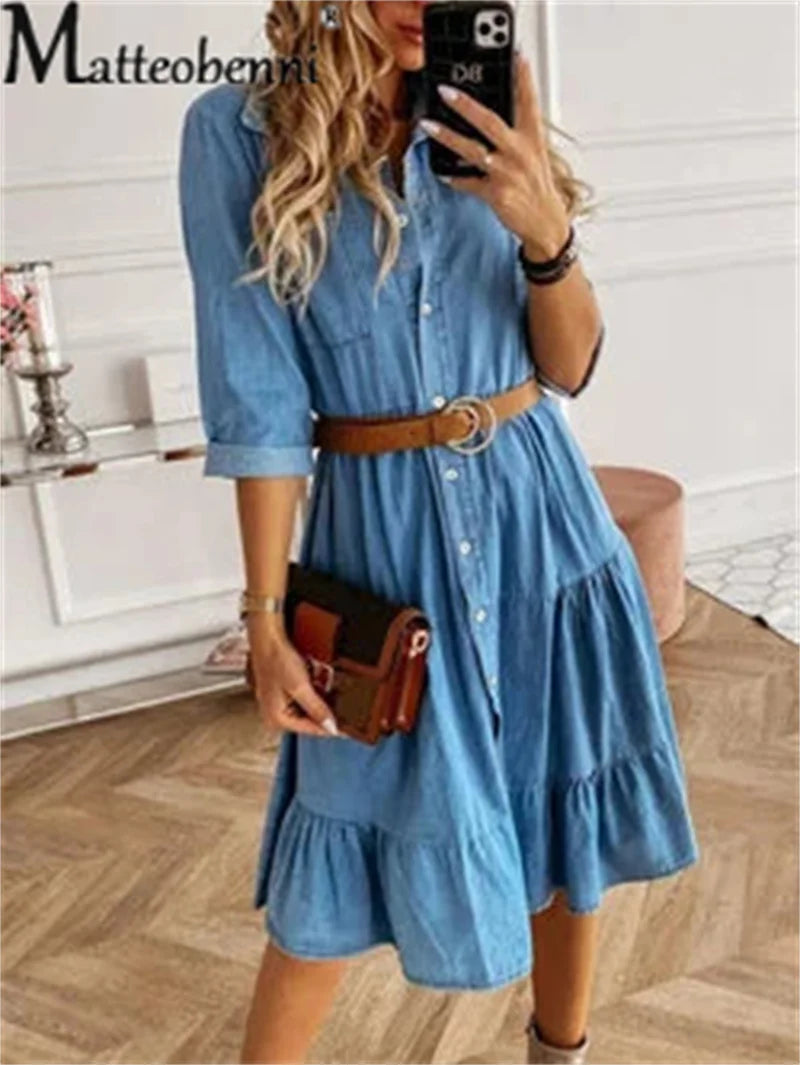 Langarm elegante Jeans Kleid