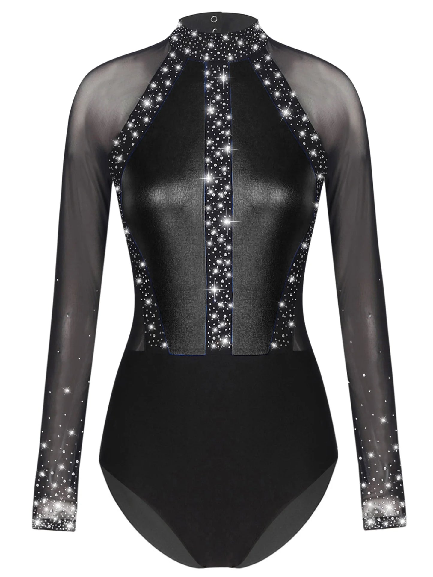 Funkelnde Strass steine für Damen Farb block Gymnastik Trikots Langarm Ballett Tanz Bodysuit Overall sportliche Tanz kleidung