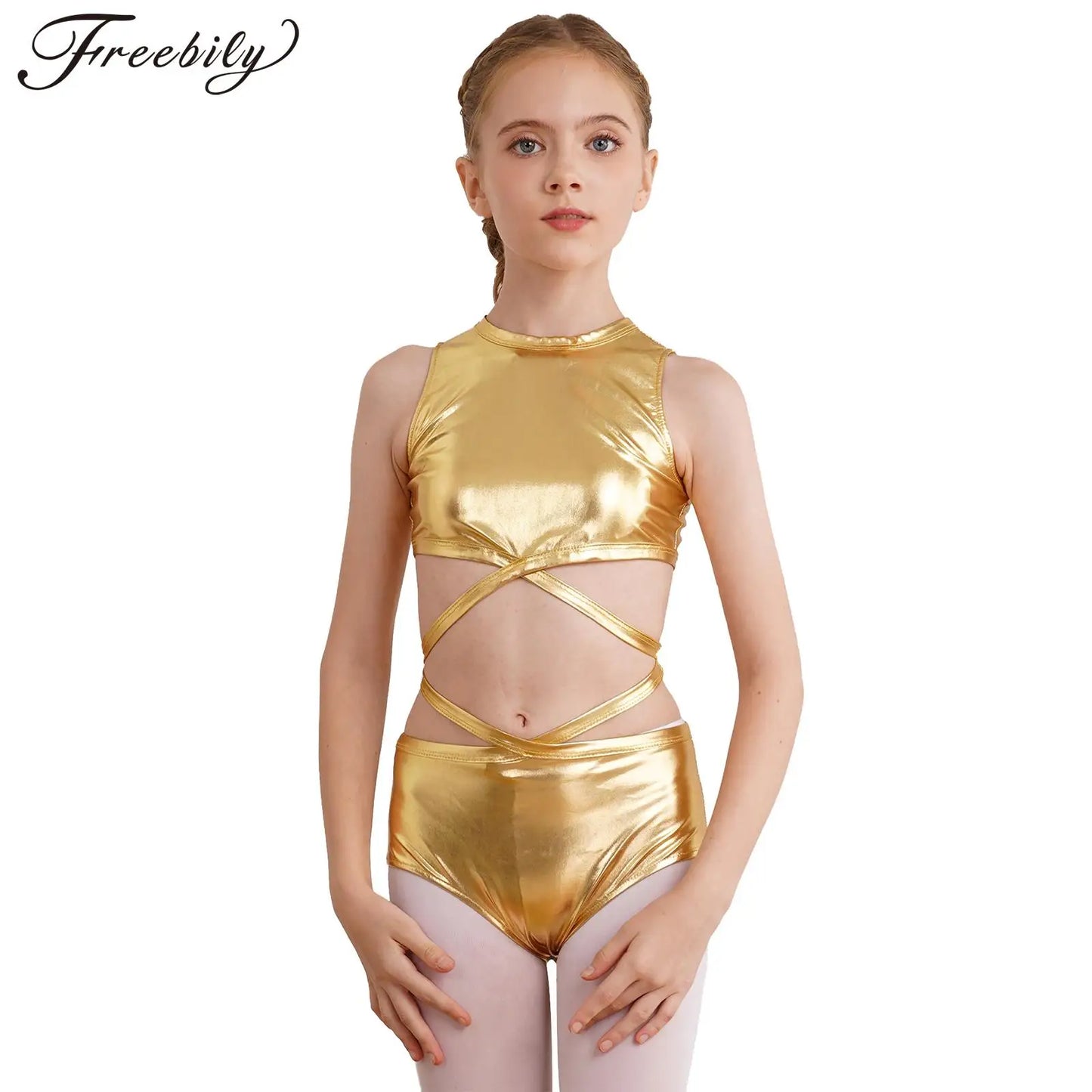 Kids Girls One-Piece Metallic Shiny Ballet Leotard Crisscross Cutout Sleeveless Bodysuit Dance Gymnastics Performance Costume