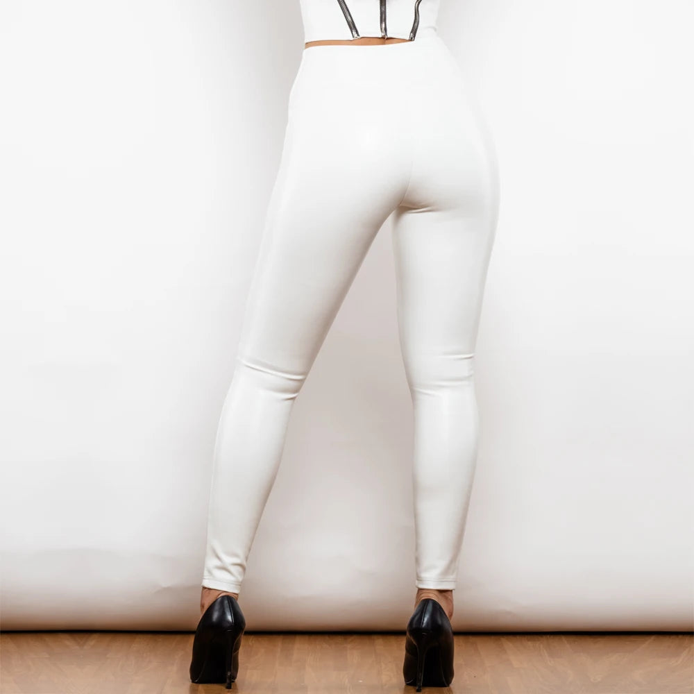 Shascullfites Melody White High Waist Leather Leggings Winter Leggings Women Pants Warm Tights Sexy Casual X Cross Pants