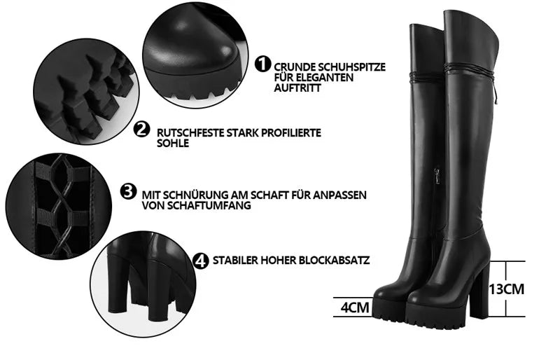 Nur Hersteller über dem Knie Stiefel Frauen schwarze Plattform High Heel Stiletto hohen Reiß verschluss plus Größe hand gefertigte Stiefel