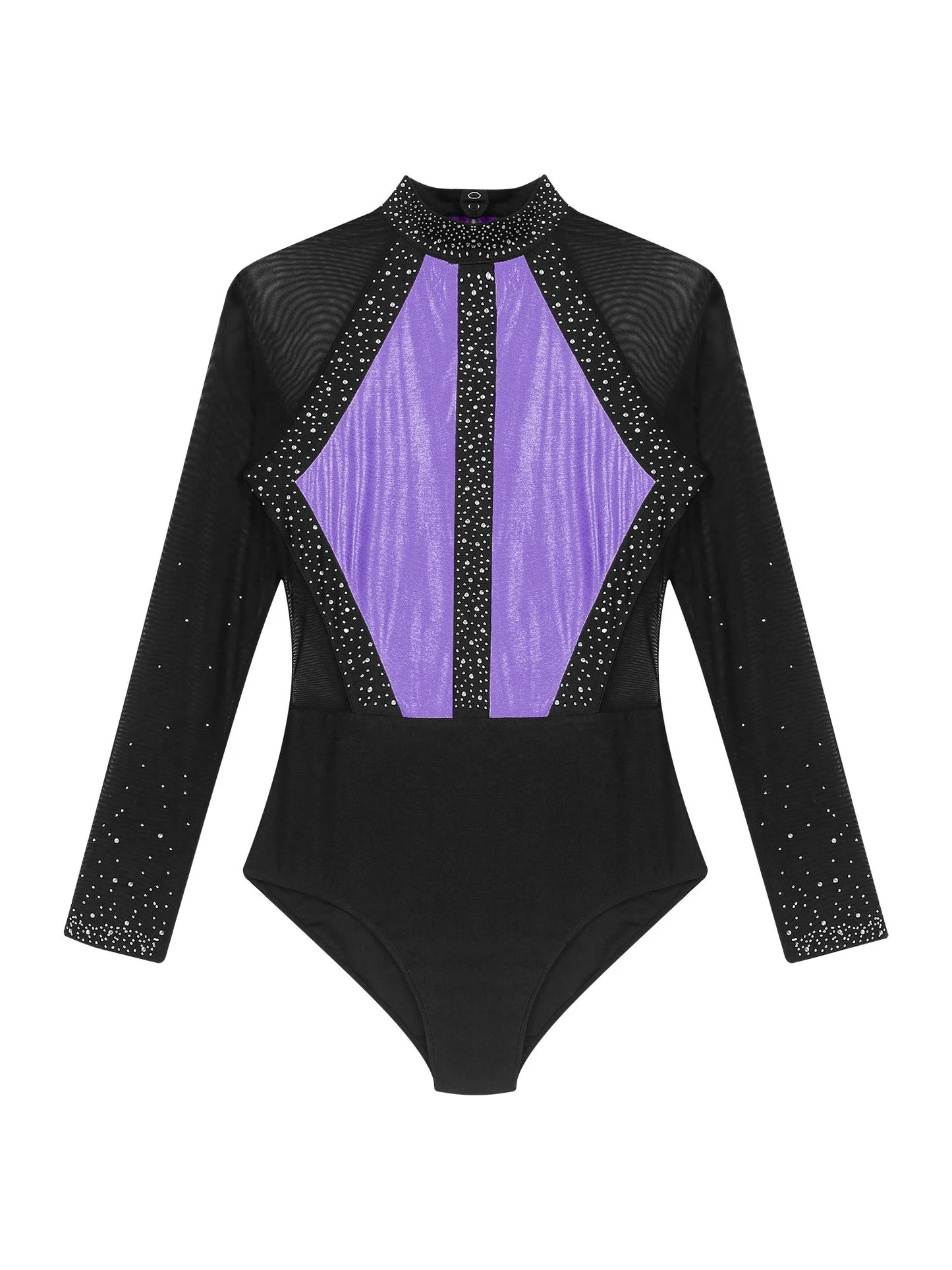 Funkelnde Strass steine für Damen Farb block Gymnastik Trikots Langarm Ballett Tanz Bodysuit Overall sportliche Tanz kleidung