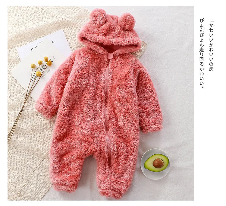 Winter Warme Neugeborenen Baby Mädchen Kleidung 3 Farben Nette Plüsch Bär Baby Strampler Komfortable Weiche Kapuze Zipper Jungen Strampler 0-3 jahre