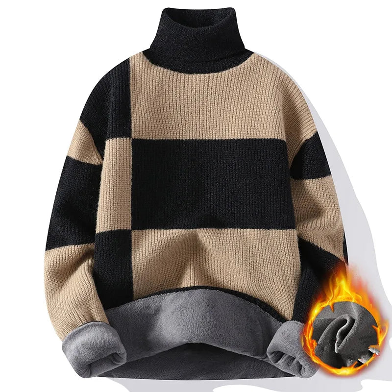 Neue Winter Fleece Roll kragen pullover Männer warm gestrickte Pullover Mode Patchwork Strick pullover Herren lässig Pullover Strickwaren