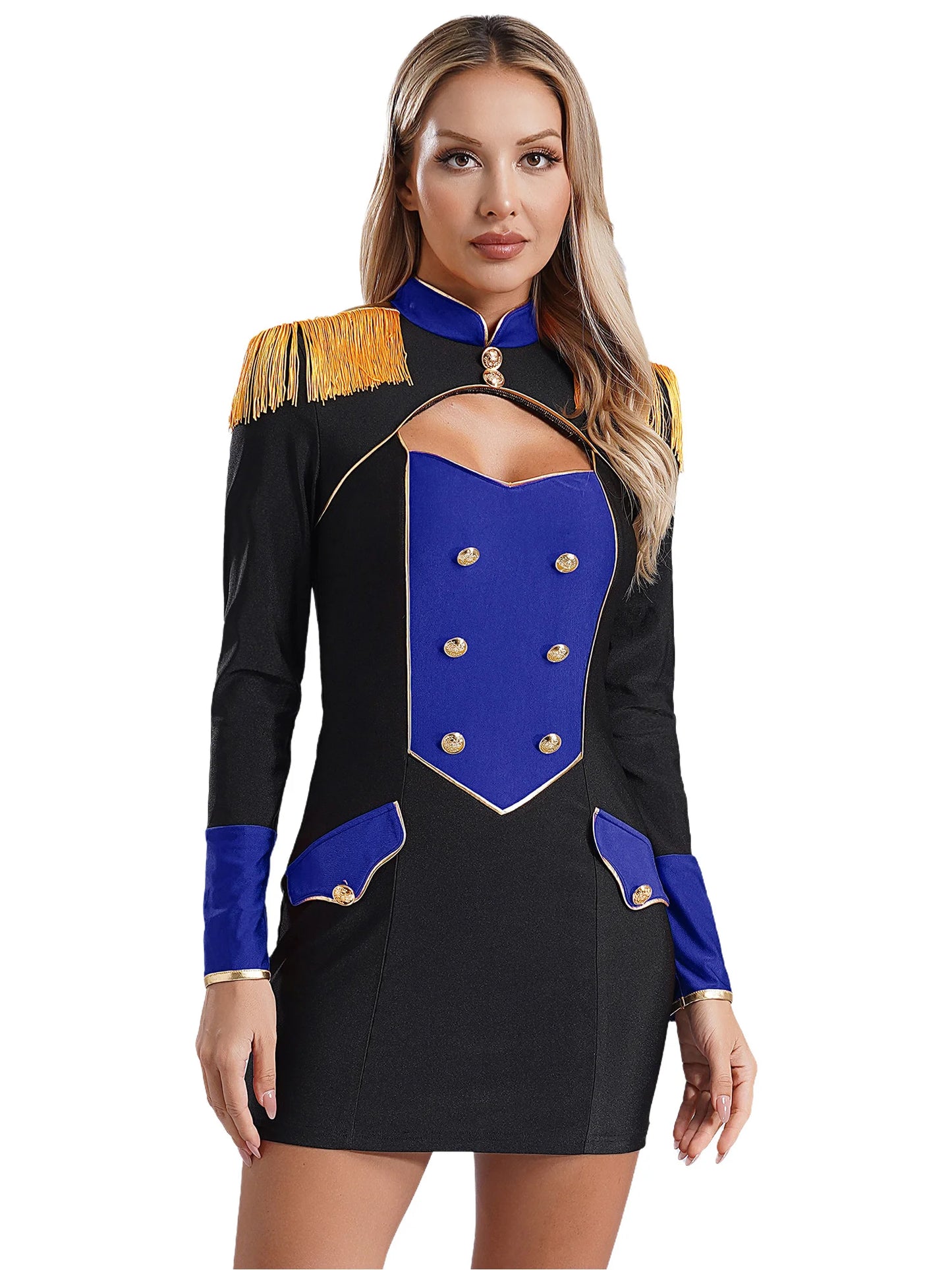 Damen roten Ring master Langarm Quaste Ausschnitt Mini kleid Bodycon Zirkus Showman Löwe Tamer Rin leader Halloween Kostüme