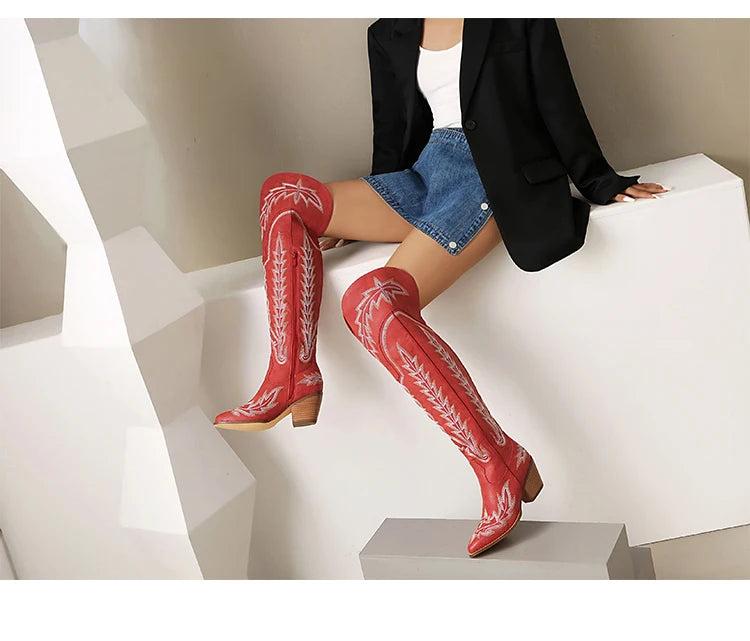 Plus Size atmungsaktive bestickte Westerns tiefel Holzmaserung Grob absatz Seiten reiß verschluss Westerns tiefel trend ige Overknee-Stiefel