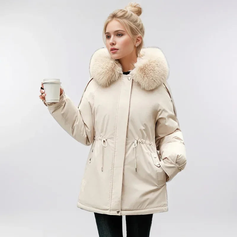 Frauen Parka Mode Lang mantel Wolle Liner Kapuze Parkas 2024 neue Winter jacke schlank mit Pelz kragen warmer Schnee tragen gepolsterte Kleidung