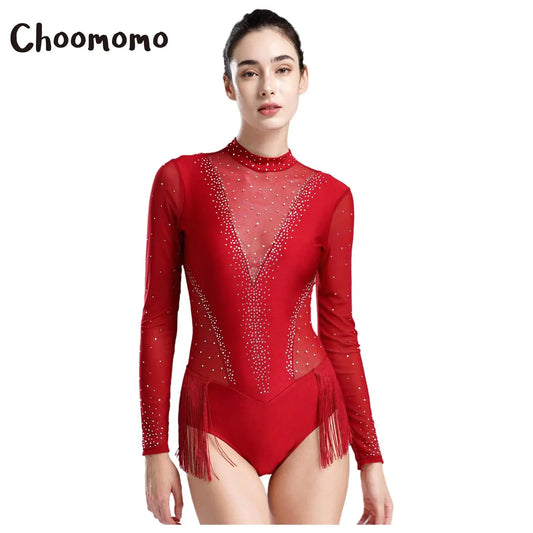 Damen glänzende Strass Figur Eislaufen Wettbewerb Kostüm Ballett Tanz Gymnastik Trikot Quaste Bodysuit Dance wear