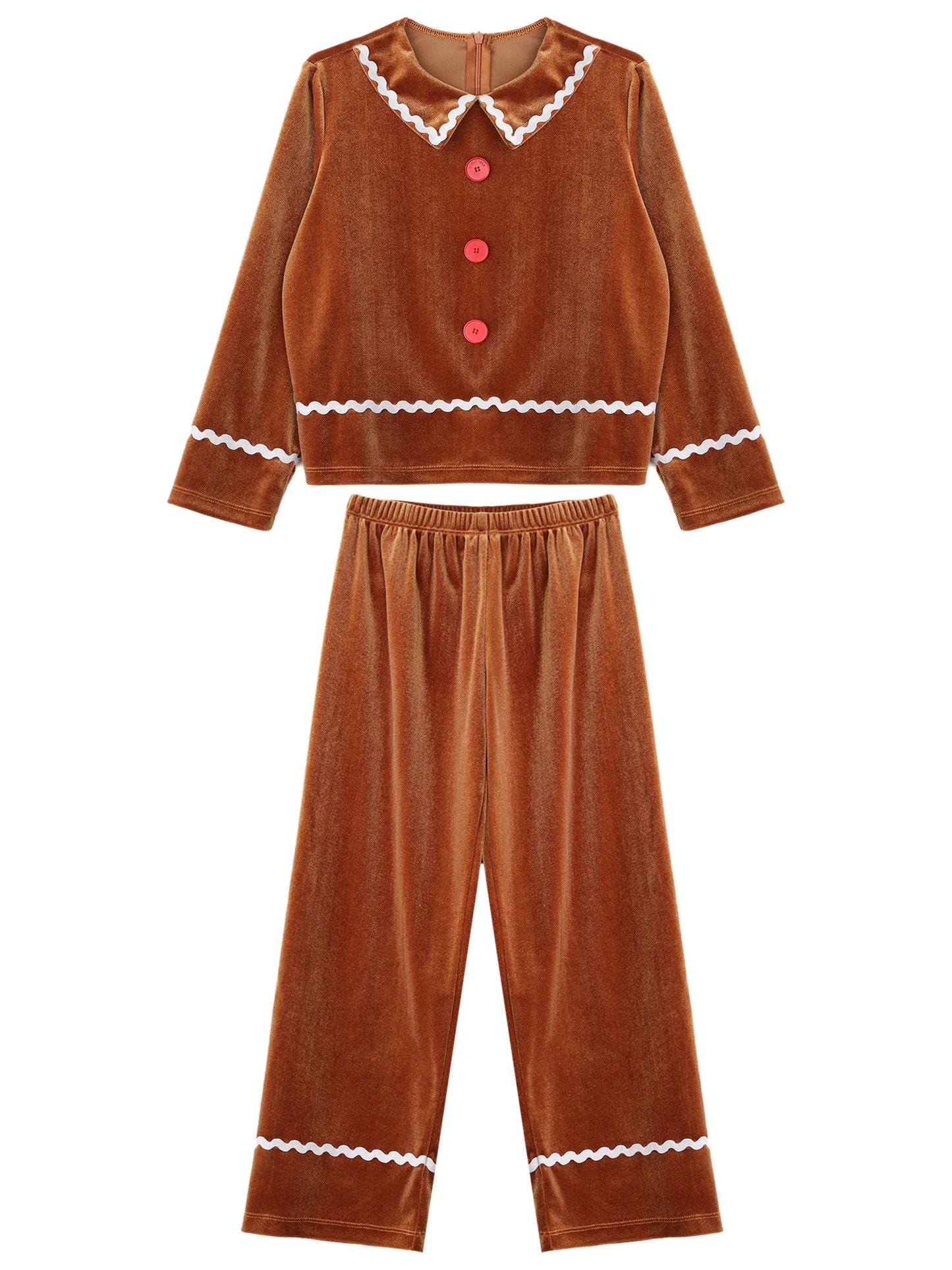 Girls Christmas Gingerbread Man Costume Velvet Long SleeveTop with Pants for Xmas Holiday Cookie Cosplay Dress Up Party