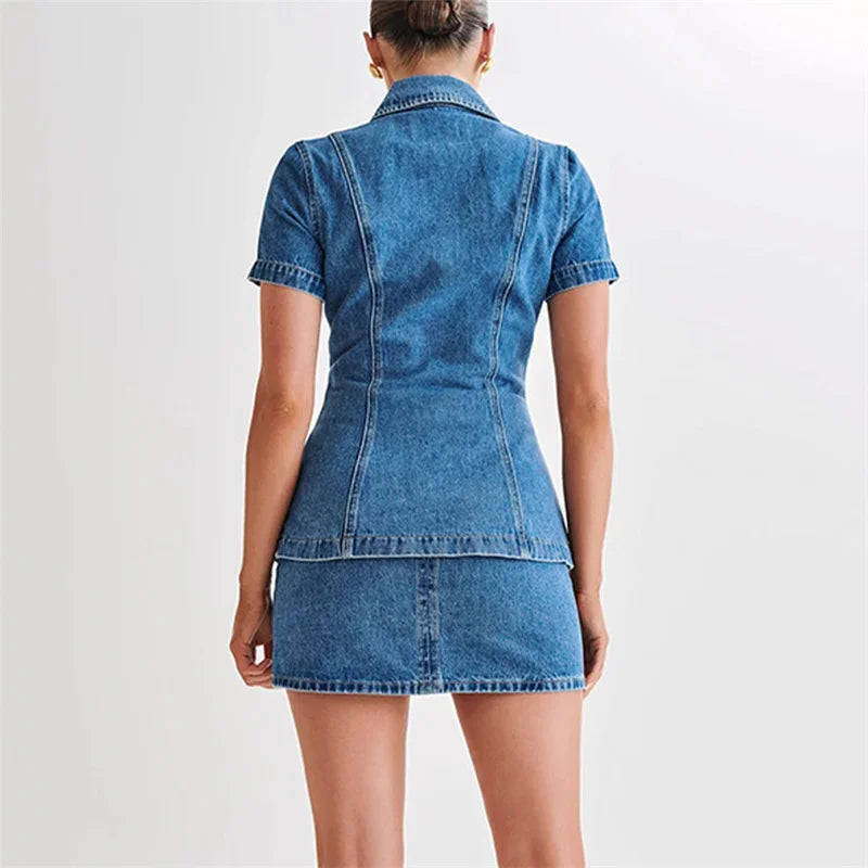 Frauen Einreiher Spleiß Kurzarm Jacken Slim Fit Denim zweiteilige Sets Straight Wrap Hüfte Ultra Short Rock Damen anzüge