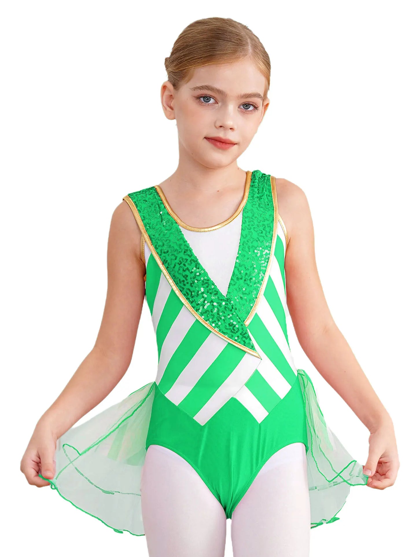 Kids Girls Sequins Candy Cane Christmas Costume Sleeveless Santa Sweetie Xmas Dance Gymnastics Leotards Dress for Holiday Party