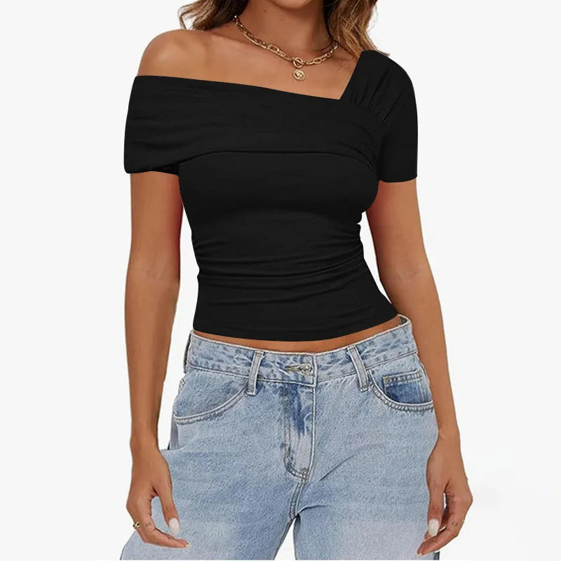BIIKPIIK One-shoulder Shirring Short Sleeve T-shirt for Women Casual Backless Concise Tees All-match Solid Crop Top Basic Outfit