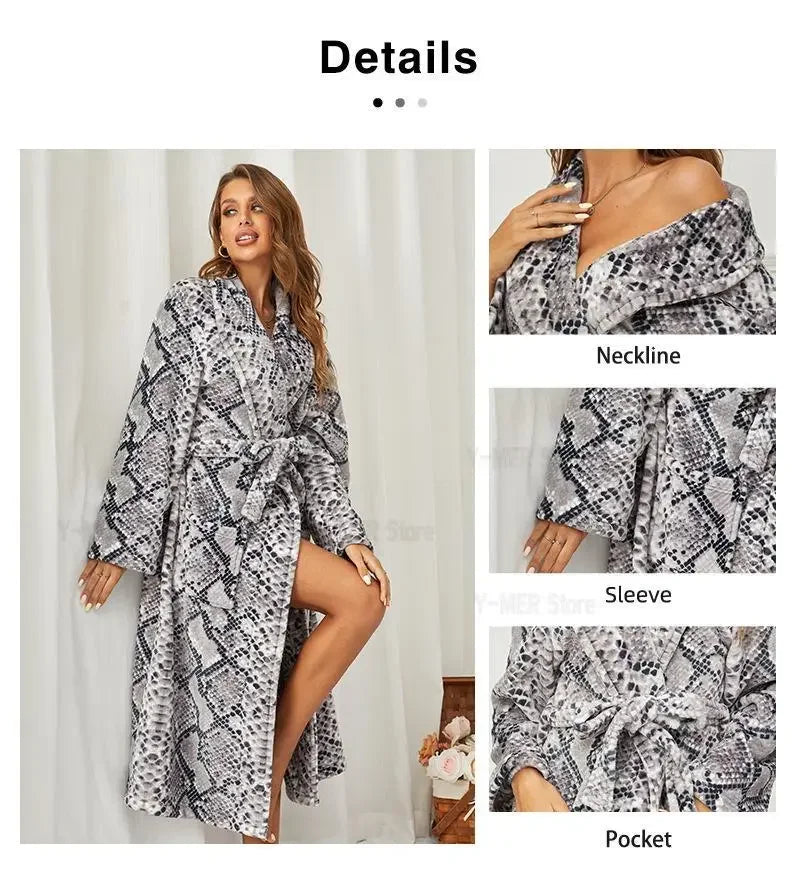 Frauen Warme Winter Nachtwäsche Sexy Schlange Skins Robe Lose Lange Hause Dressing Fown Nachthemd Flanell Kimono Bademantel Dusche Roben