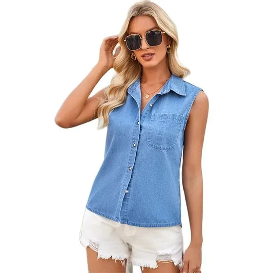 Frauen Büste Patchwork Single Pocket Shirt Revers ärmellose einreihige Strickjacke Bluse weibliche Sommer dünne Denim Tops neue Weste