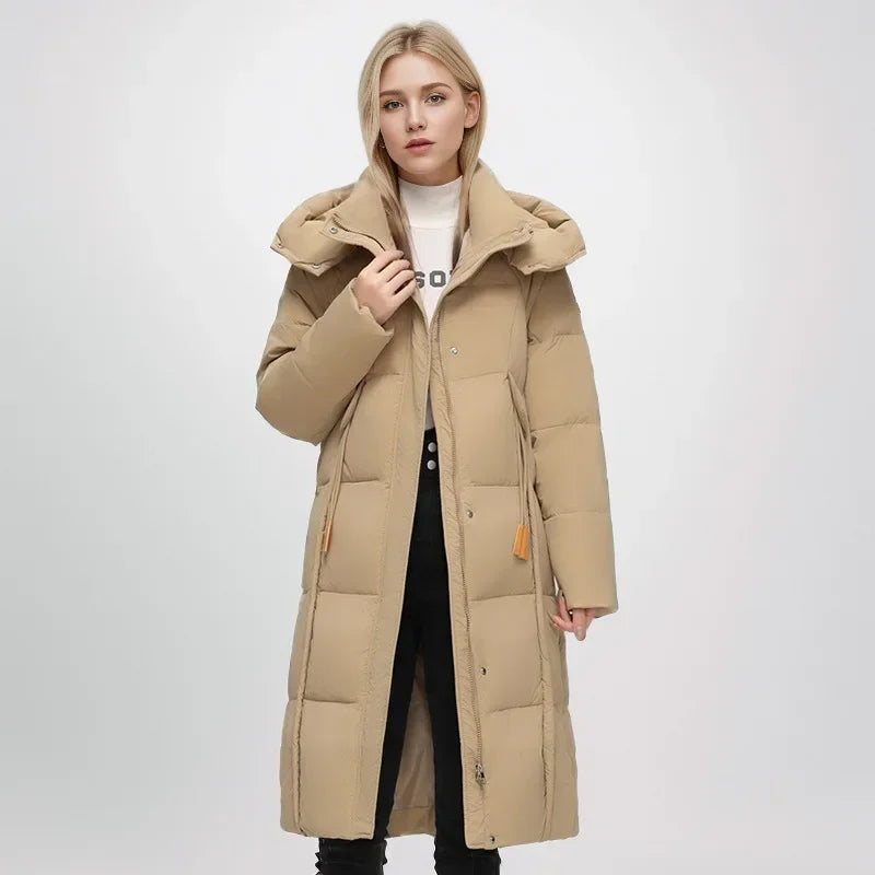 2024 neue Winter Daunen Baumwoll jacke Frauen langen Mantel Kapuze große Taschen Mode warme dicke Reiß verschluss Mantel weibliche Schnee mantel Parkas