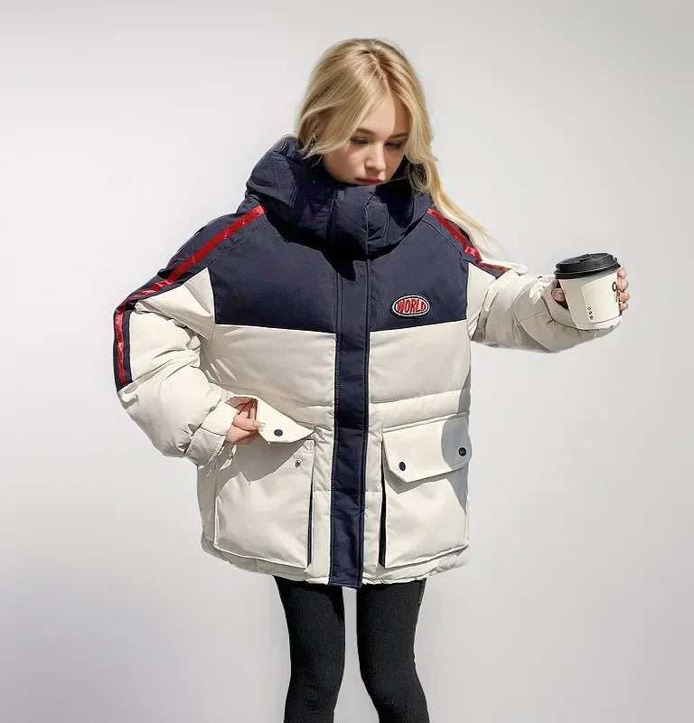 2024 Winter frauen Unten Jacke Neue Kontrast Nähte Design Unten Gepolsterte Jacken Mit Kapuze Stehkragen Verdicken Warme Jacke