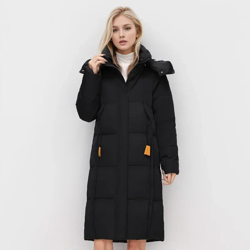 2024 neue Winter Daunen Baumwoll jacke Frauen langen Mantel Kapuze große Taschen Mode warme dicke Reiß verschluss Mantel weibliche Schnee mantel Parkas