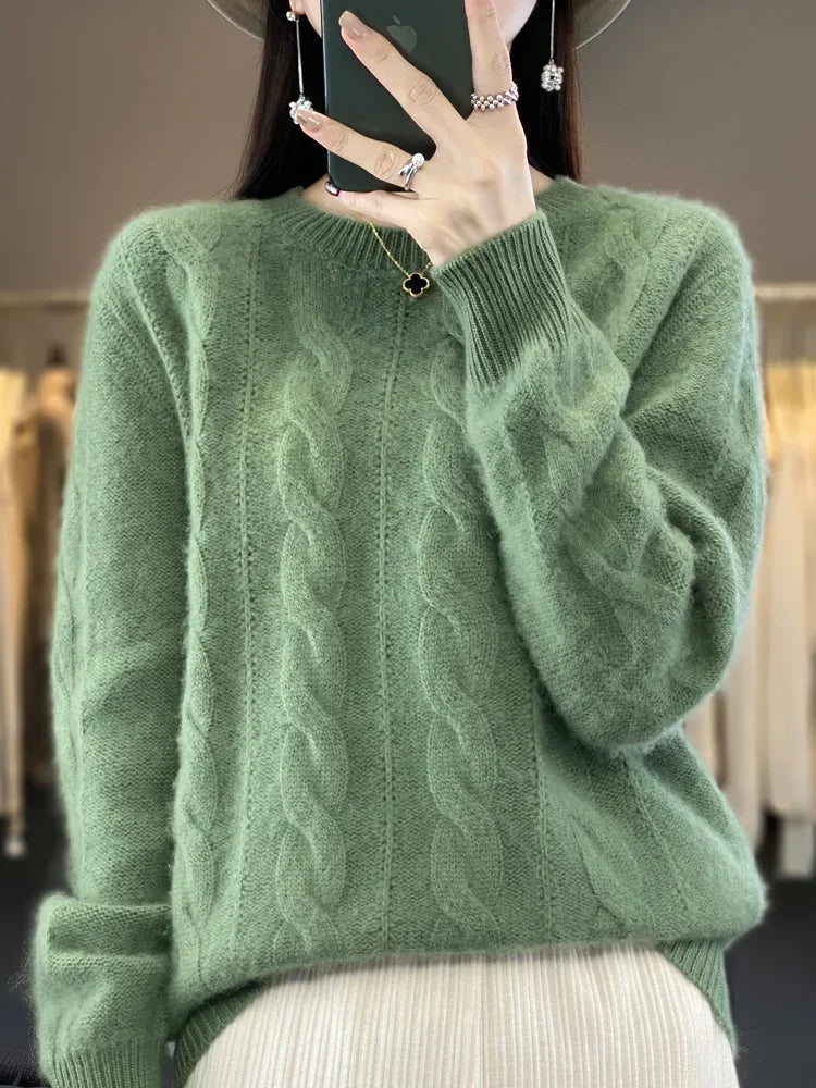 Frauen Winter Pullover 100% Merino Wolle Dicke Warme Oansatz Pullover Twist Blume Kaschmir Strickwaren Casual Koreanische Beliebte Kleidung