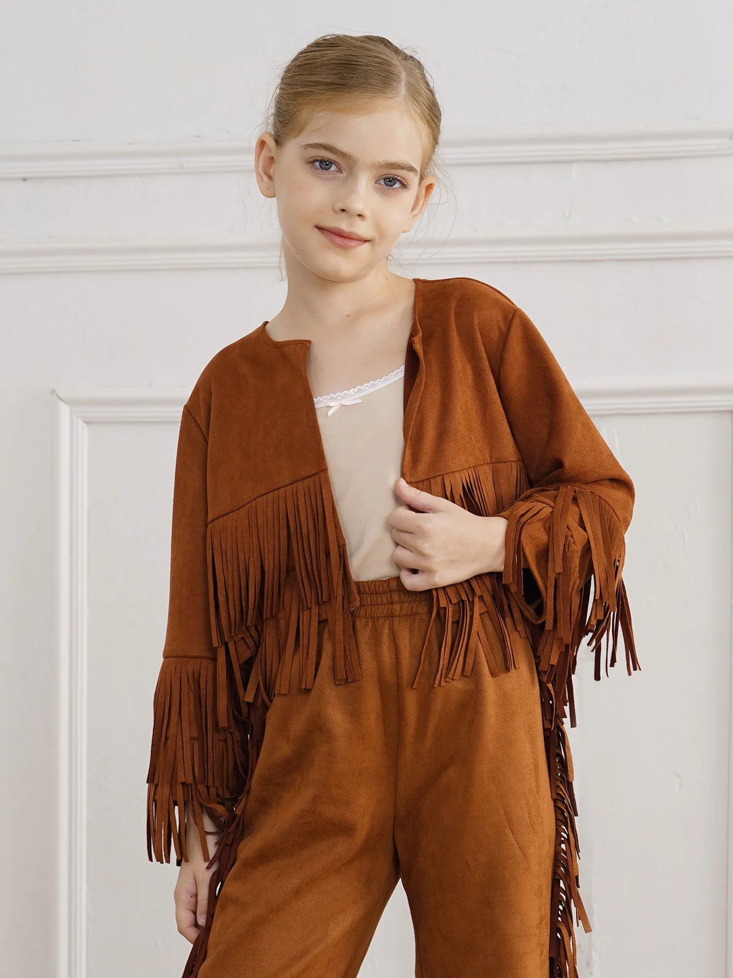 Western Rodeo Cowboy Cowgirl Costume Boys Girls Long Sleeve Open Front Tassels Fringe Coat Jacket for Halloween Cosplay Party